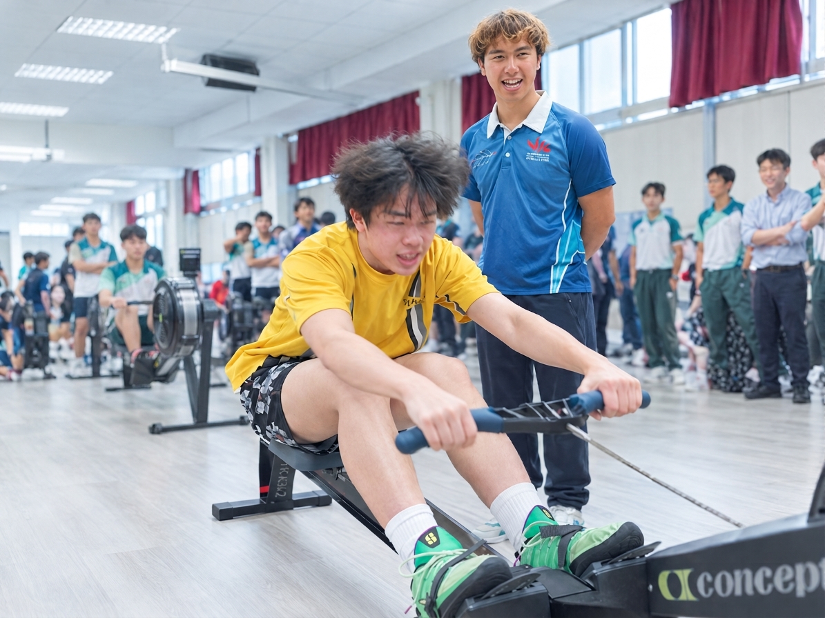 在专业教练指导下，学生踊跃参与室内赛艇体验，在同学的支持下挑战自我，感受赛艇运动的速度与乐趣。