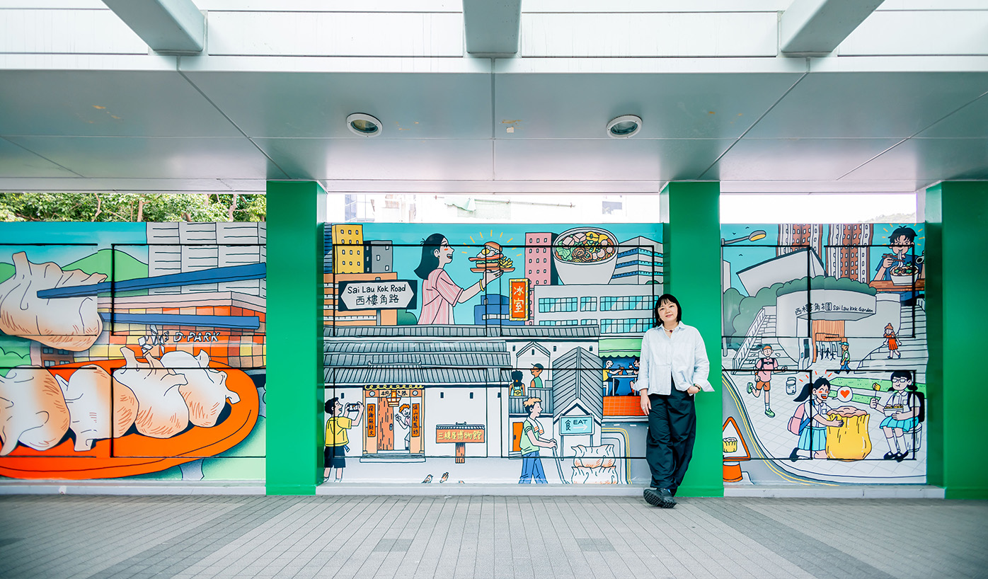 Pearl Law, an award-winning Hong Kong-based illustrator, pictured alongside her work. Through a vivid and imaginative visual language, she animates everyday local dishes against familiar urban backdrops, offering fresh ways of seeing, and experiencing, the daily rhythms of Tsuen Wan. 