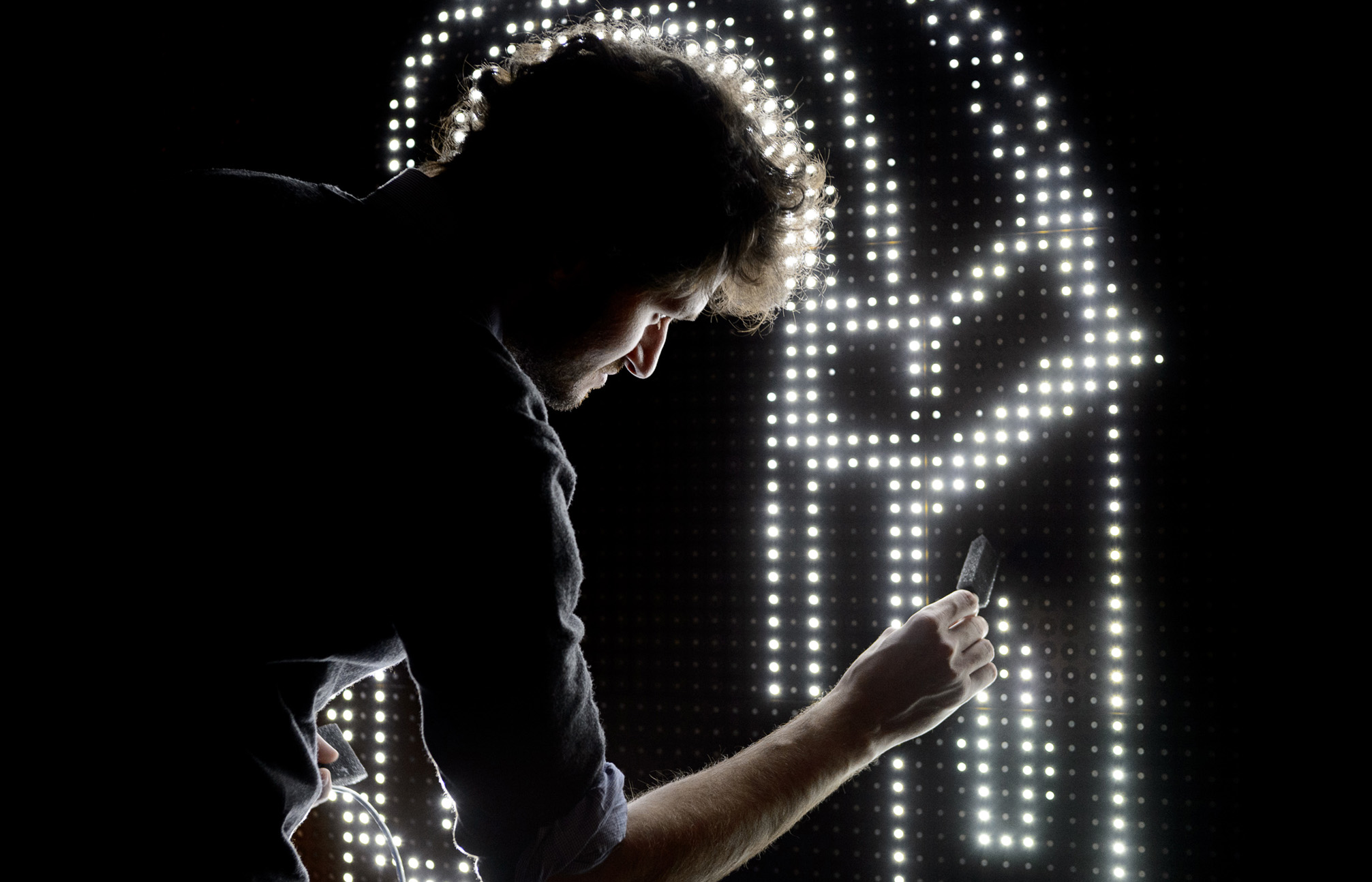 Antonin Fourneau’s interactive art installation, Waterlight Graffiti, invites visitors to create their own artwork and light up the LED panel using water.