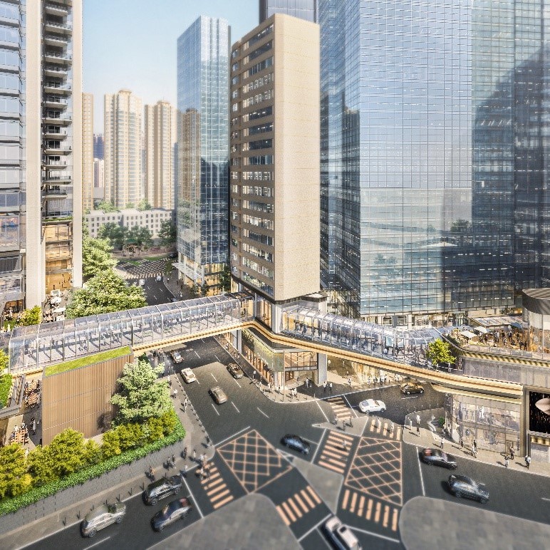 商业建筑透过天桥连接形成综合发展项目利园八期，体现城市营造与多元化的投资物业布局，香港华懋集团和希慎兴业